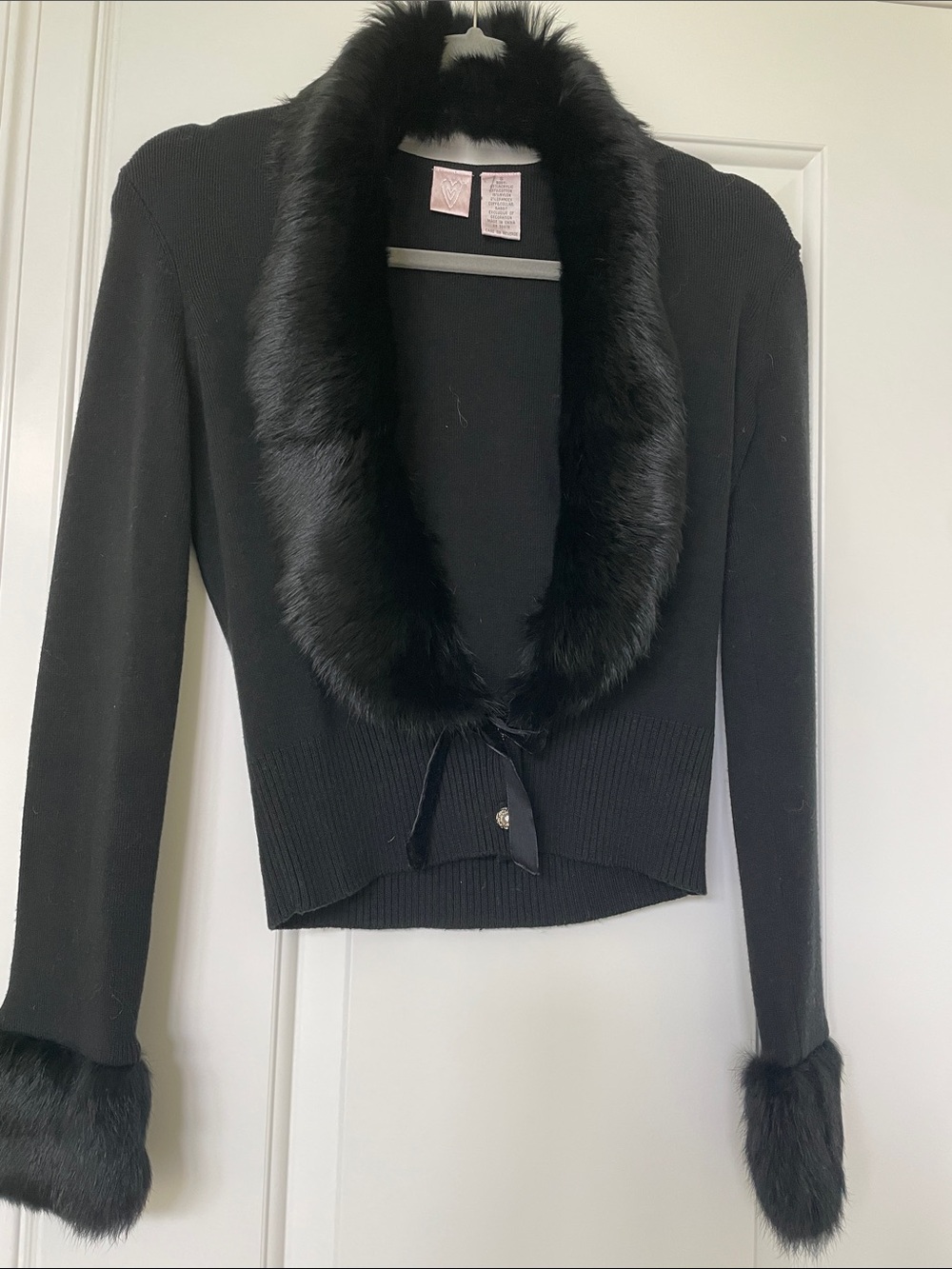 Black Genuine Fur Trim Cardigan Sweater - Unknown Brand